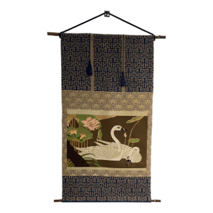1990s Bespoke Hand-Embroidered "Swan & Lotus" Fiber Art – Japonisme Style