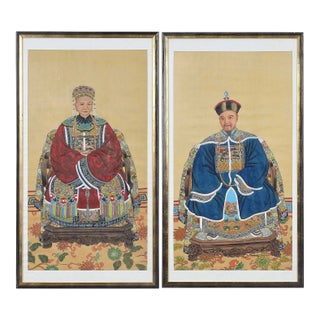 Pair Vintage Chinese Ancestral Painted on Silk Framed Portraits For Sale