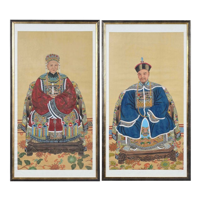 Pair Vintage Chinese Ancestral Painted on Silk Framed Portraits For Sale