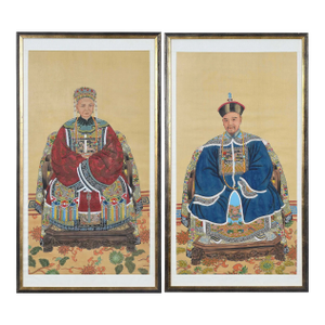 Pair Vintage Chinese Ancestral Painted on Silk Framed Portraits