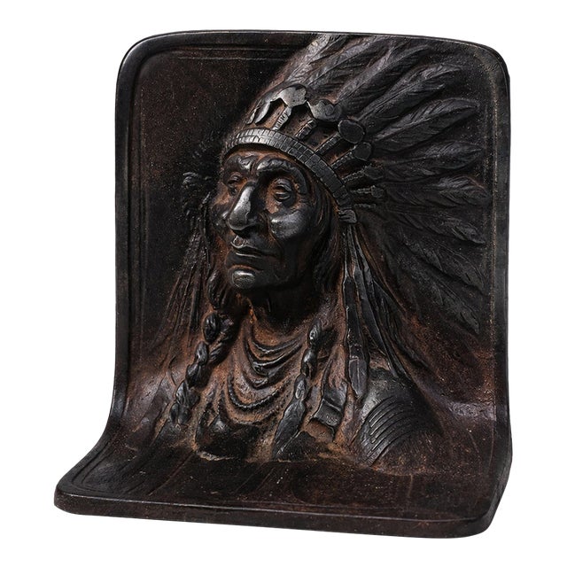Vintage Cast Iron Bookend Native American Chief Bust Relief Sculpture For Sale