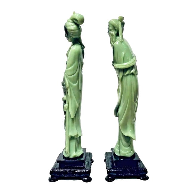 Vintage 1960s Gino Ruggeri for Wony, Italy Faux Green Jade Japanese Couple Sculpture Figurines - Set of 2 For Sale - Image 4 of 11