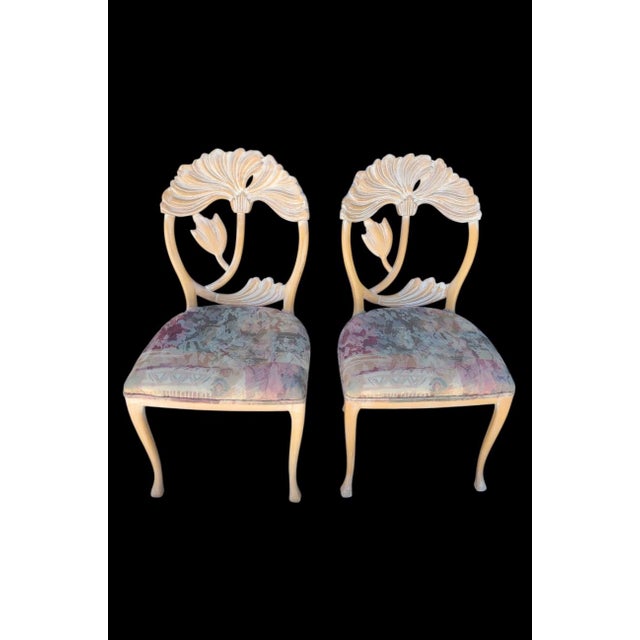 Phyllis Morris Phyllis Morris Style Vintage Lime Wash Lotus Ginkgo Flower Wood Carved Dining Room Chairs- A Pair For Sale - Image 4 of 8