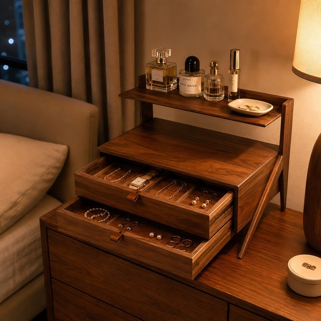 Not Yet Made - Made To Order Perfume Tray With Drawers, Solid Walnut Vanity Organizer, Makeup Skincare Perfume Display Shelf For Sale - Image 5 of 10