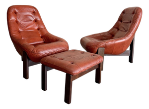 1970s Brazilian Modernist Leather Lounge Chair Pair With Ottoman Attrb Jean Gillon for Probel