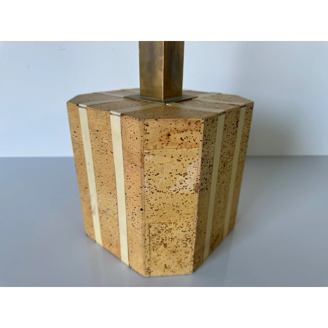 Wood Vintage Italian Organic Beige Cork and Brass Table Lamp For Sale - Image 7 of 12