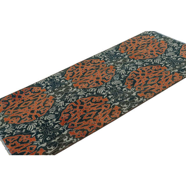 Rug & Kilim Vintage Hereke Runner Rug in Teal With Orange Arabesque Medallions | Rug & Kilim For Sale - Image 4 of 7