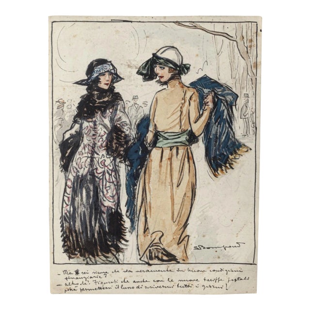 Luigi Bompard, Elegant Ladies, Watercolored Ink, 20th Century For Sale