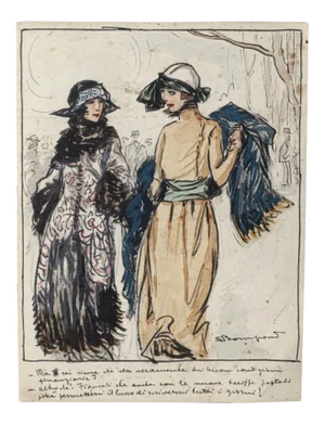 Luigi Bompard, Elegant Ladies, Watercolored Ink, 20th Century