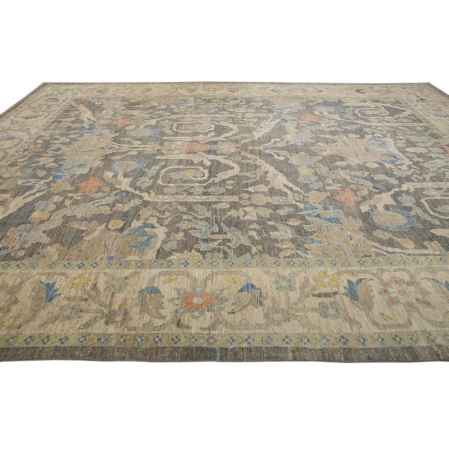 12 X 17 Modern Sultanabad Wool Rug Handmade in Blue With Floral Design For Sale - Image 4 of 12