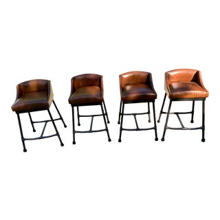 4 Restoration Hardware Iron Scaffolded Leather Bar Stools For Sale