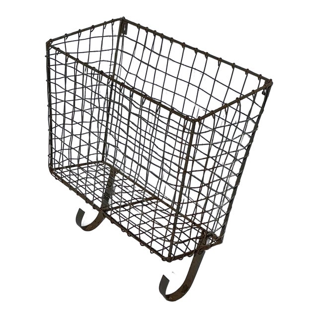 1930's Large Antique French Wirework Crimped Wire and Metal Wall Pocket Hanging Basket For Sale