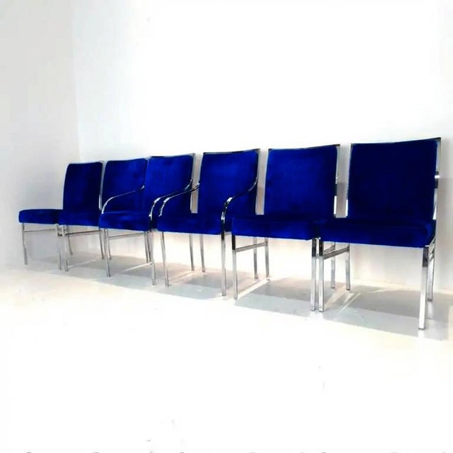 Royal Blue Full Set of 6 Chrome and Blue Velvet Dining Chairs by Pierre Cardin 1970s For Sale - Image 8 of 8