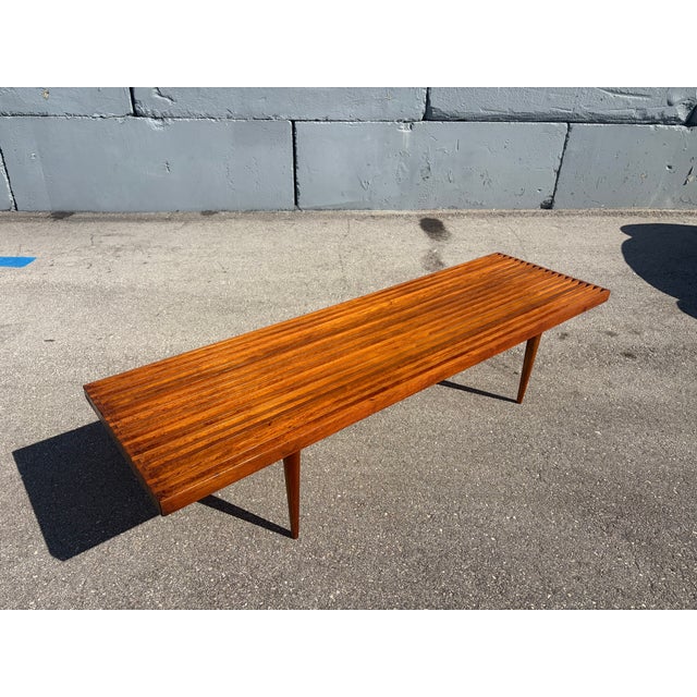 1950s 1950s Attributed to Mel Smilow Slatted Solid Walnut Mid-Century Modern Bench Table For Sale - Image 5 of 10