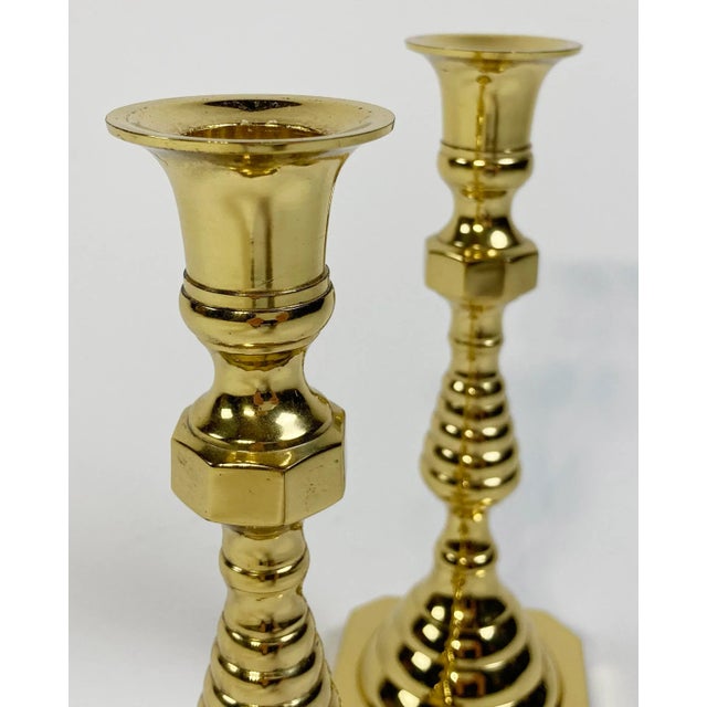 Hollywood Regency Vintage Hampton Brass Beehive Candlestick Holder Pair For Sale - Image 3 of 4