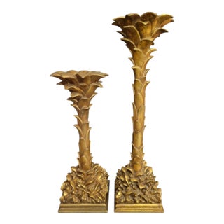 Oversized Vintage Gold Gilt Hollywood Regency Serge Roche Style Palm Tree Candle Holders- A Pair For Sale
