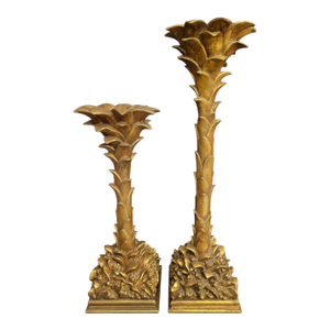 Oversized Vintage Gold Gilt Hollywood Regency Serge Roche Style Palm Tree Candle Holders- A Pair