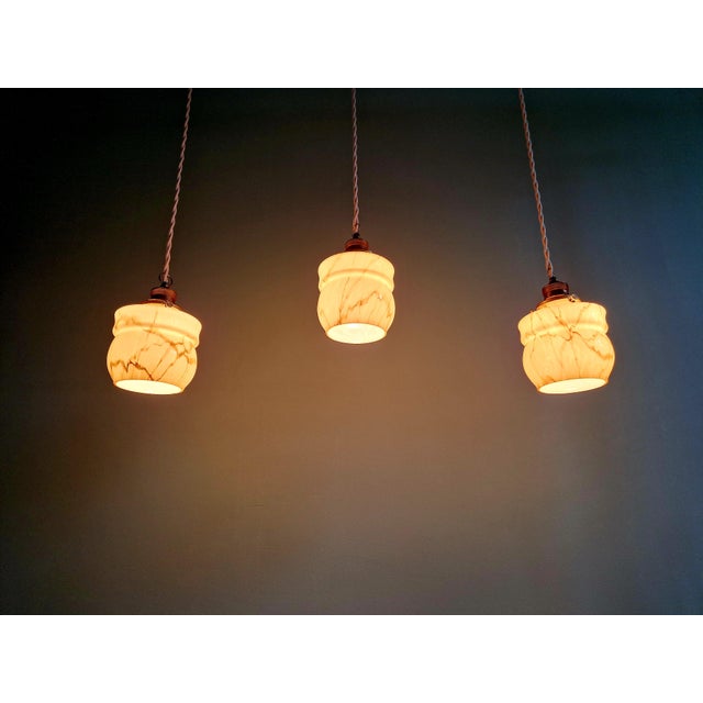 Art Deco Pendant Lights in Opaline and Marbled Uranium Glass from Scailmont, Belgium, 1930s, Set of 3 For Sale - Image 4 of 18