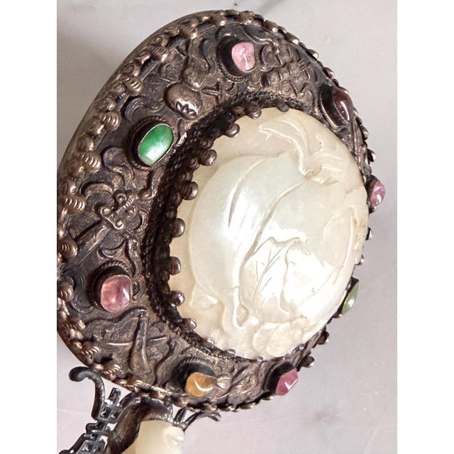 Antique 19th Century Chinese Carved Jade-Mounted and Bejeweled & Repoussé Silver Tone Metal Back Hand Mirror 7.3"x4" For Sale - Image 4 of 13