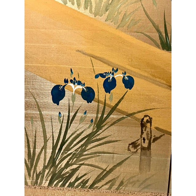 Vintage Japanese Four-Panel Byōbu Hand-Painted Folding Silk Screen Irises Motif 66" X 36" For Sale - Image 4 of 11