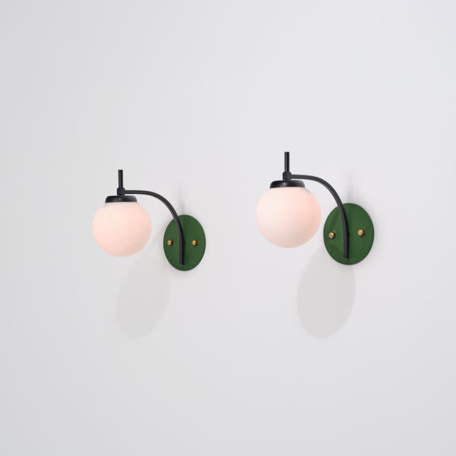 Italian Curved Wall Sconces with Opaline Globes and Green Backplates, 1950s, Set of 2 For Sale - Image 10 of 11