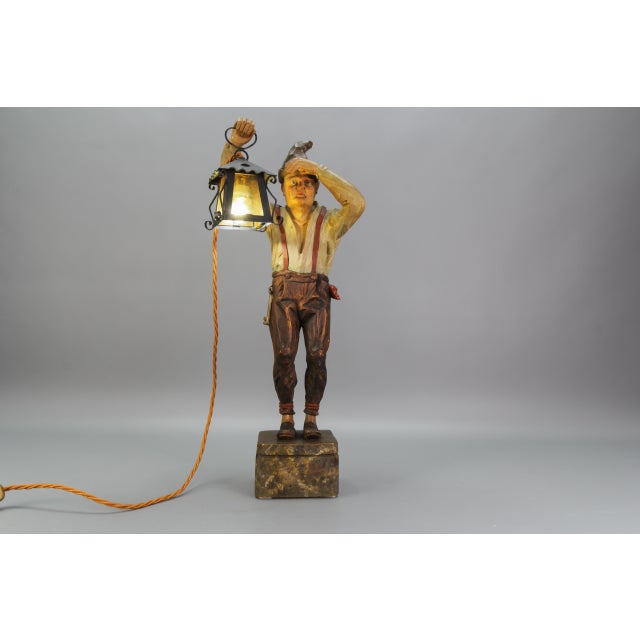 Large Hand-Carved Wooden Sculpture Man with a Lantern, 1930s For Sale - Image 12 of 18