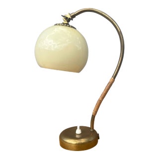 1950s Table Lamp by Mauri Almari for Idman Oy, Brass, Rattan, Glass For Sale