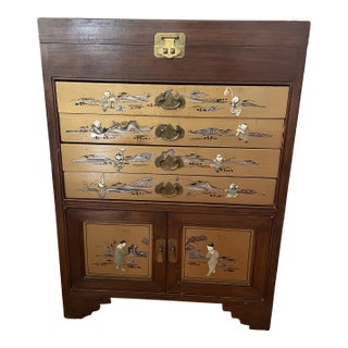 1960s Vintage Chinoserie Walnut & Mother of Pearl Silverware Cabinet For Sale