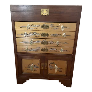 1960s Vintage Chinoserie Walnut & Mother of Pearl Silverware Cabinet