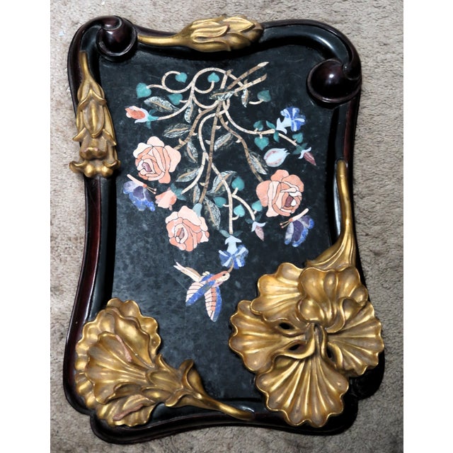 Exquisite Pietra Dura (Pietra Dure) Rendition of Flowers, Birds, Butterflies, Framed With Lovely Shaped Wood Frame With Molded Flowers, by N. Luedtke For Sale - Image 13 of 15