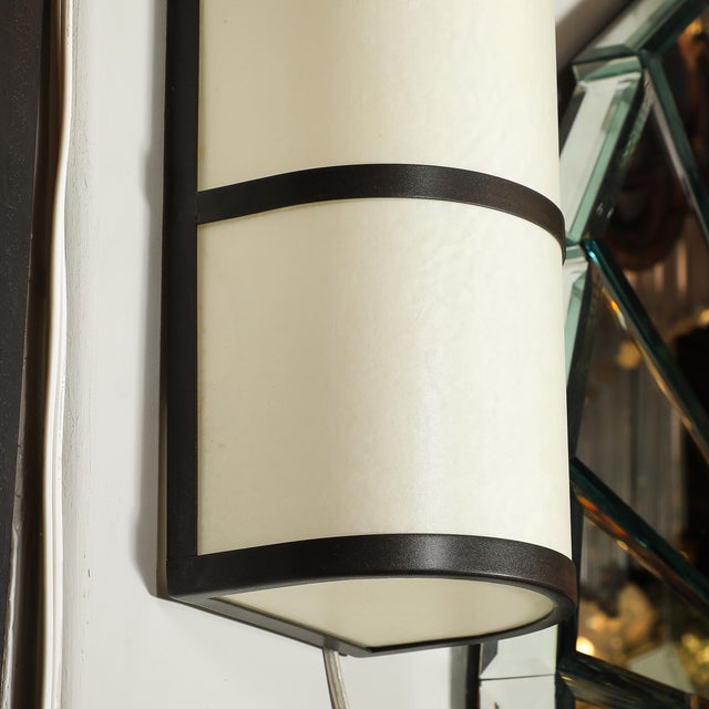 Metal Pair of Modernist Sconces in Vellum & Oil Rubbed Bronze Signed John Wigmore For Sale - Image 7 of 12