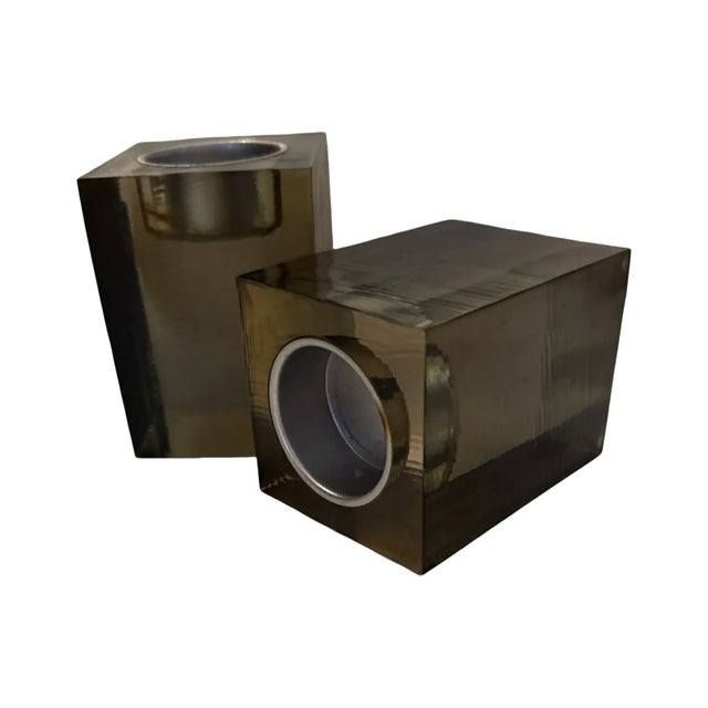 Vintage Modern Smoky Resin Cube Candle Holders Pair Minimalist Architectural Design For Sale In West Palm - Image 6 of 7