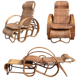 20th Century Adjustable Bentwood and Rattan Chaise Longue With Ottoman For Sale