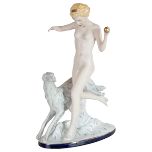 Czech Art Deco Hand Painted Porcelain Figurine of Nude Lady With Greyhound