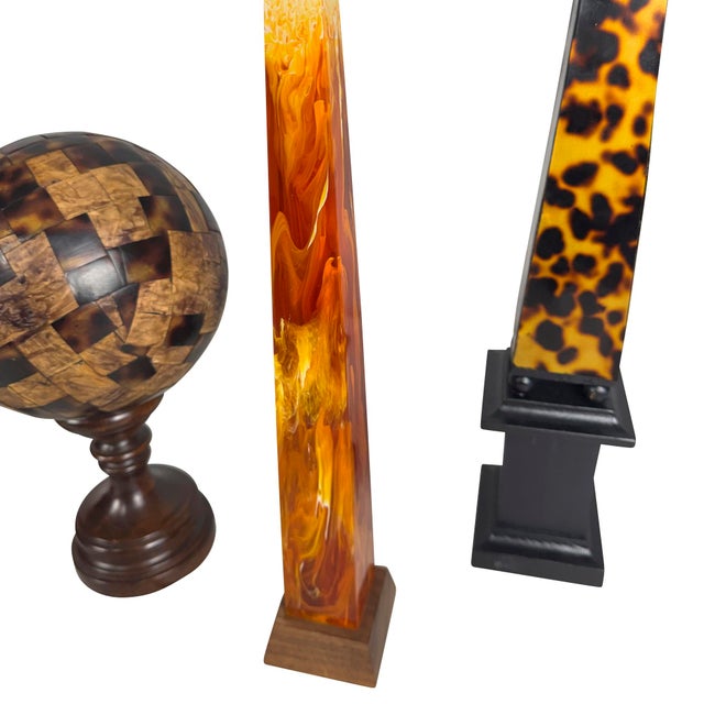 Collection of Faux Tortoise Shell Obelisks and Paper Machè Decorative Sphere For Sale - Image 12 of 18