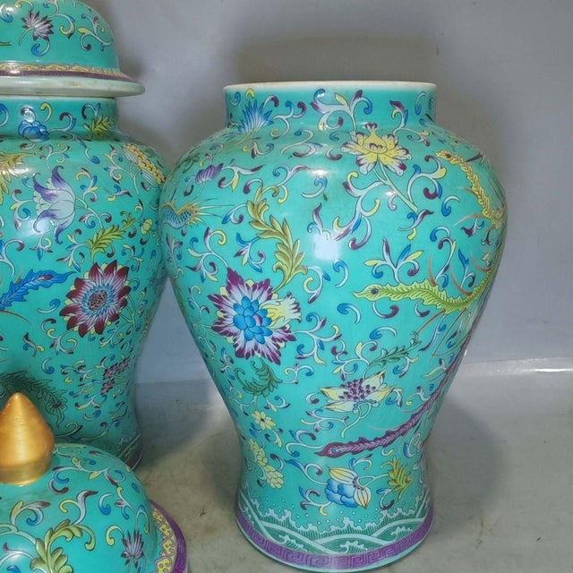 Pair of Chinese Enameled Porcelain Dragon & Phoenix General Jars With Lids - 15" Tall For Sale - Image 4 of 9