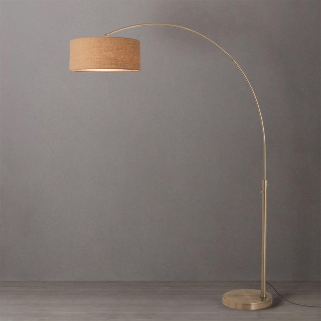 Mid-Century Modern 1960s Nova of California Float Brass Floor Lamp Modern Arc Lamp, Burlap Drum Shade, Dimmable For Sale - Image 3 of 4