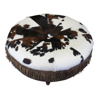 Late 20th Century Vintage Southwestern Brown & White Round Leather Cowhide Fringed Ottoman For Sale