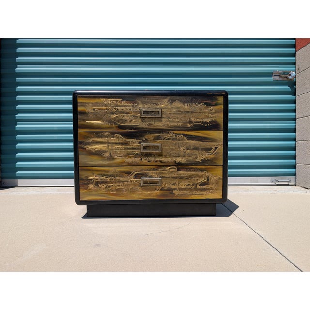 Exceptional 1970s three-drawer commode by Bernhard Rohne for Mastercraft, distinguished by the designer's celebrated acid-...