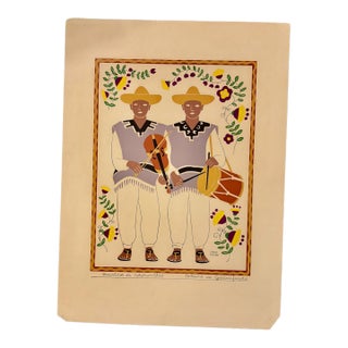 Original Vintage Carlos Merida 1945 Silkscreen Print " Musicos De Atotonilco" Plate Signed For Sale