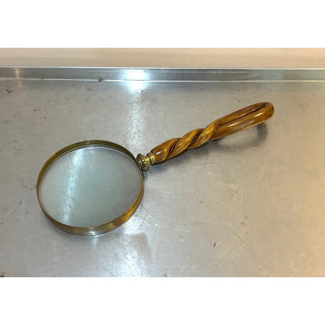 Mid-Century Modern Brass / Twisted Wood-Handle Large Magnifying Glass For Sale - Image 3 of 4