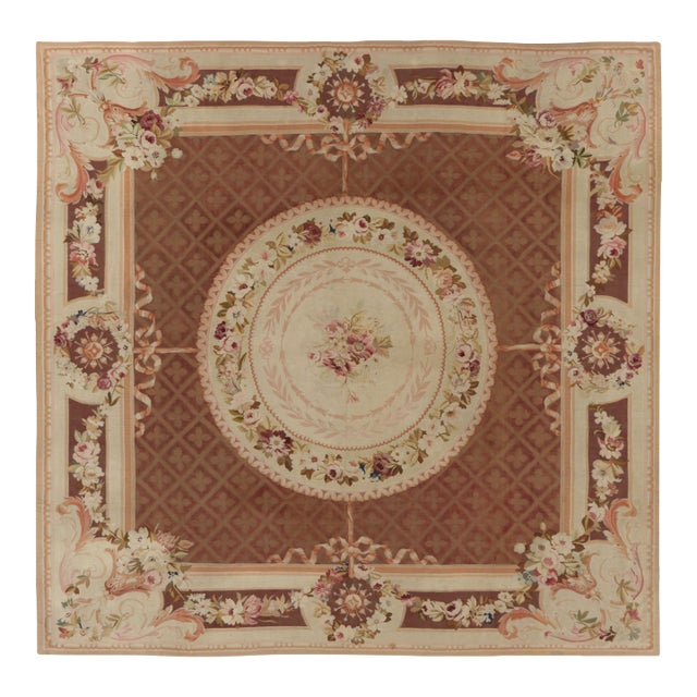 Antique French Aubusson Square Rug With Floral Medallion - Rug & Kilim For Sale