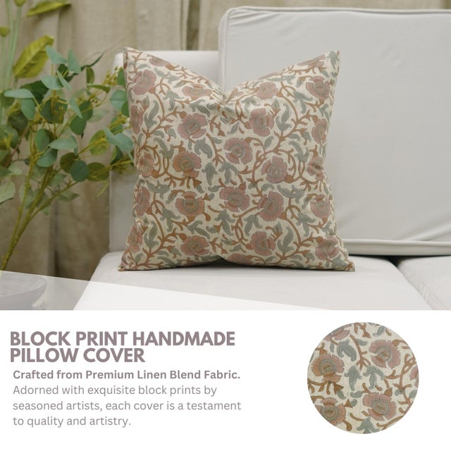 Rose Fabdivine Handmade Block Print Linen Blend Lumber Pillow Cover 12x20 – Vasundra Floral Design For Sale - Image 8 of 9