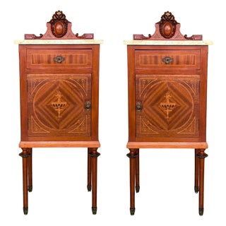 1900s, Art Nouveau Pair of Mahogany Nightstands with Crest Marble Top For Sale