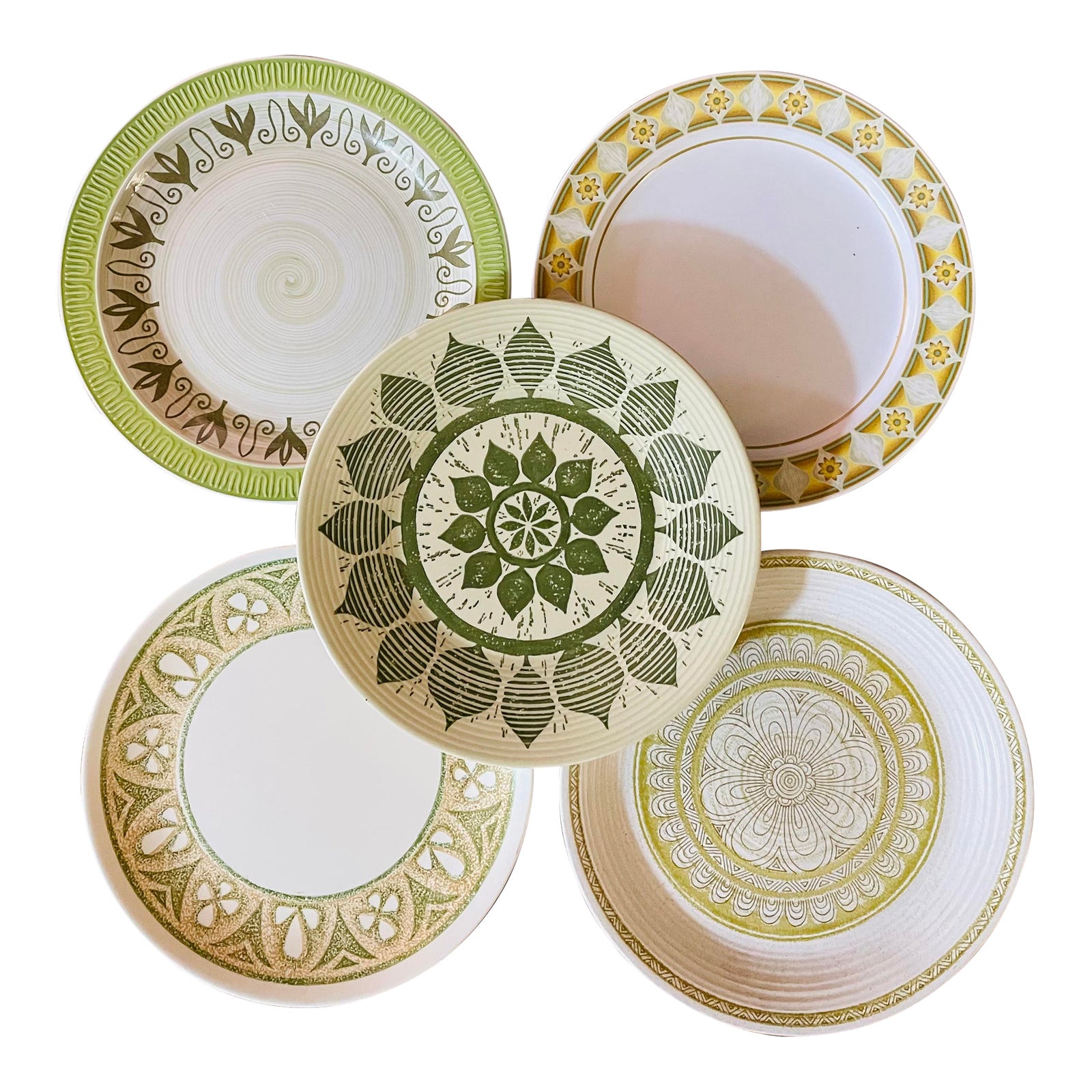 Mismatched Set of 5 Vintage Stoneware Geometric Dinner Plates Chairish