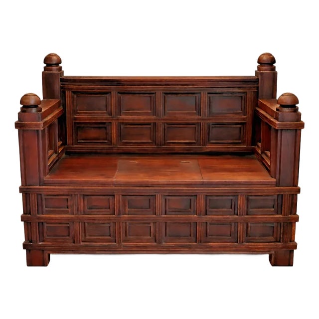 Antique Victorian Edwardian Revival Paneled Settle, Storage Settle, Monks Bench For Sale