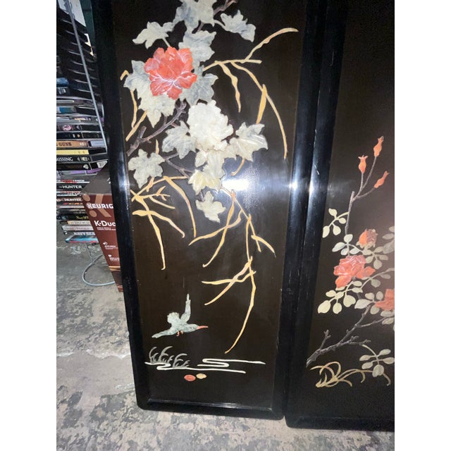 Wood Vintage Chinese Black Lacquered Panels Carved Stone Inlay Birds For Sale - Image 7 of 8