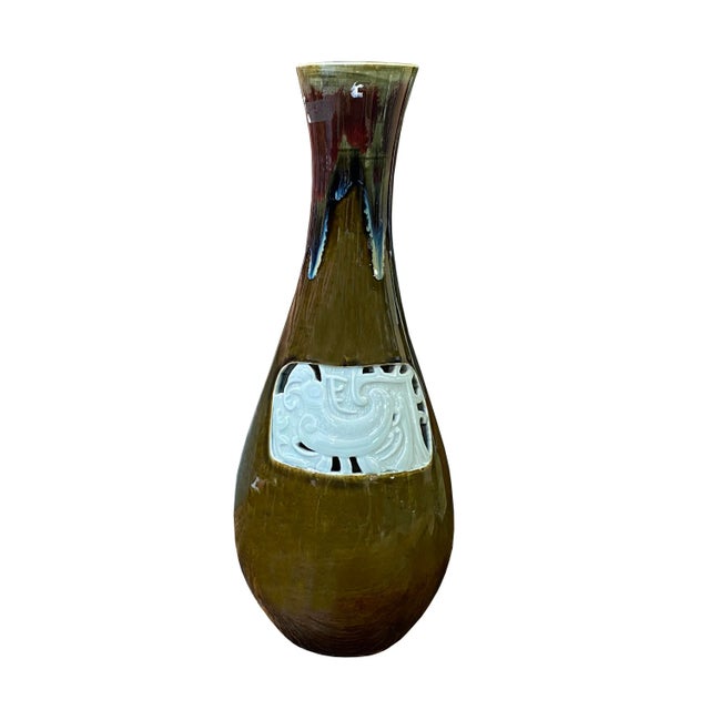 Modern Handmade Bottle Shape Olive Brown Ancient Phoenix Accent Vase For Sale In San Francisco - Image 6 of 6