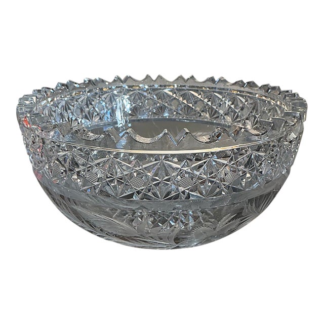 Vintage American Brilliant Cut Glass Crystal Bowl With Sawtooth Rim For Sale