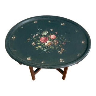 Victorian Papier Mâché Black & Gold Tea Tray on Stand For Sale